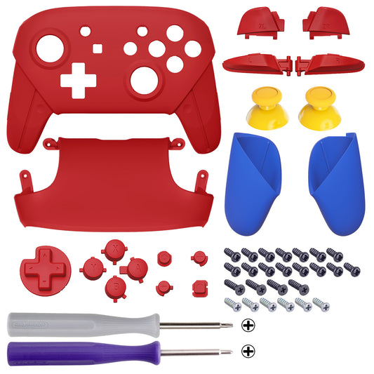 eXtremeRate Replacement Full Set Shell Faceplate Backplate Handles for Nintendo Switch Pro - Passion Red & Blue