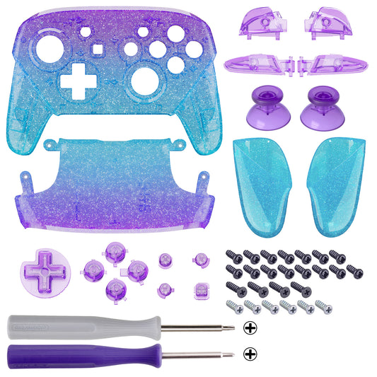 eXtremeRate Replacement Full Set Shell Faceplate Backplate Handles with Button Kit for Nintendo Switch Pro - Glitter Gradient Translucent Bluebell & Blue