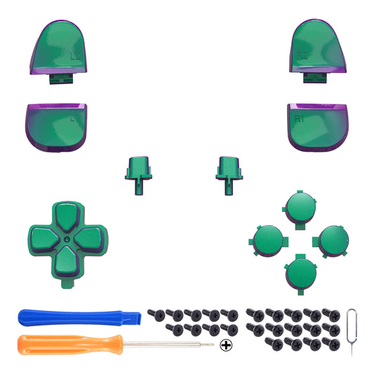 eXtremeRate Replacement Full Set Buttons Compatible with PS5 Controller BDM-030/040/050/060 - Chameleon Green Purple