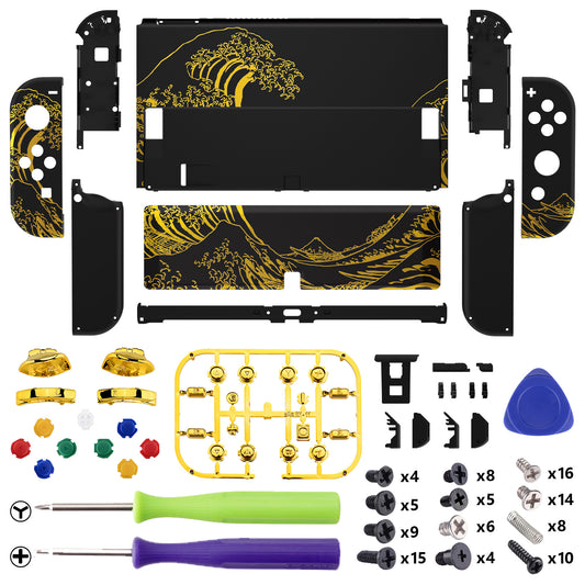 eXtremeRate Custom Replacement Full Set Shell with Buttons for Nintendo Switch OLED - The Great GOLDEN Wave Off Kanagawa - Black