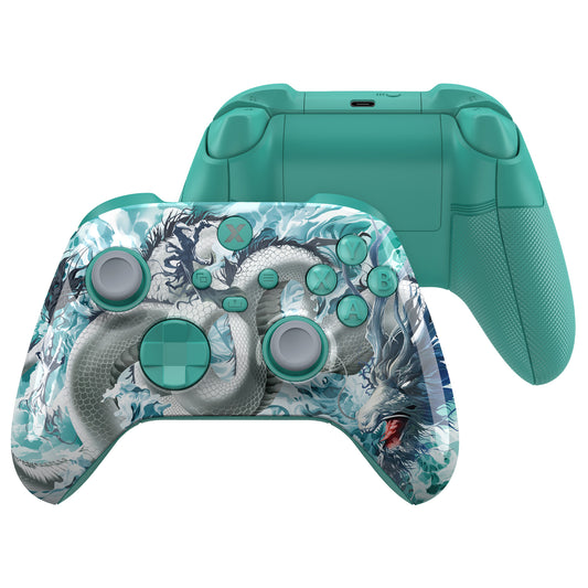 eXtremeRate ASR Version Performance Rubberized Full Set Shell Buttons with Redesigned Grip Diamond Texture Handles Backplate Case for Xbox Series X/S Controller & Xbox Core Controller - Jade Dragon - Cloud Dominator