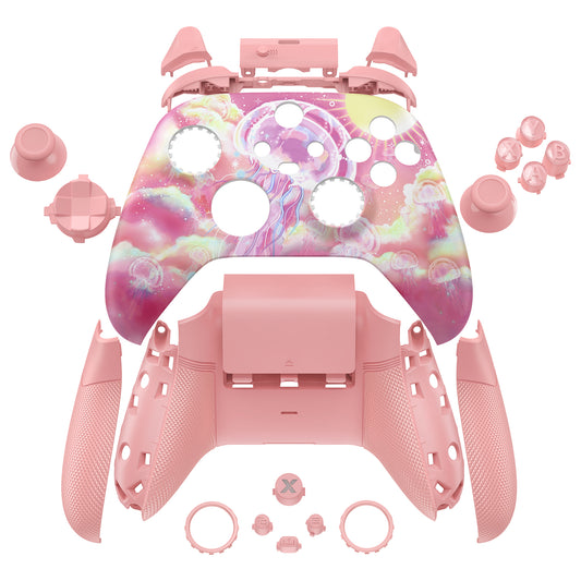 eXtremeRate ASR Version Performance Rubberized Full Set Shell Buttons with Redesigned Grip Diamond Texture Handles Backplate Case for Xbox Series X/S Controller & Xbox Core Controller - Pinky Jellyfish Heaven