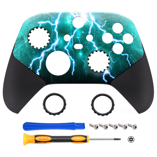 eXtremeRate ASR Version Performance Rubberized Grip Front Housing Shell with Accent Rings for Xbox Series X & S Controller - Green Storm Thunder eXtremeRate