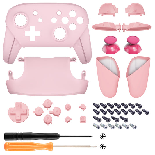 eXtremeRate Octagonal Gated Sticks Design Replacement Full Set Shell Faceplate Backplate Handles for Nintendo Switch Pro - Cherry Blossoms Pink & Puffy Pink