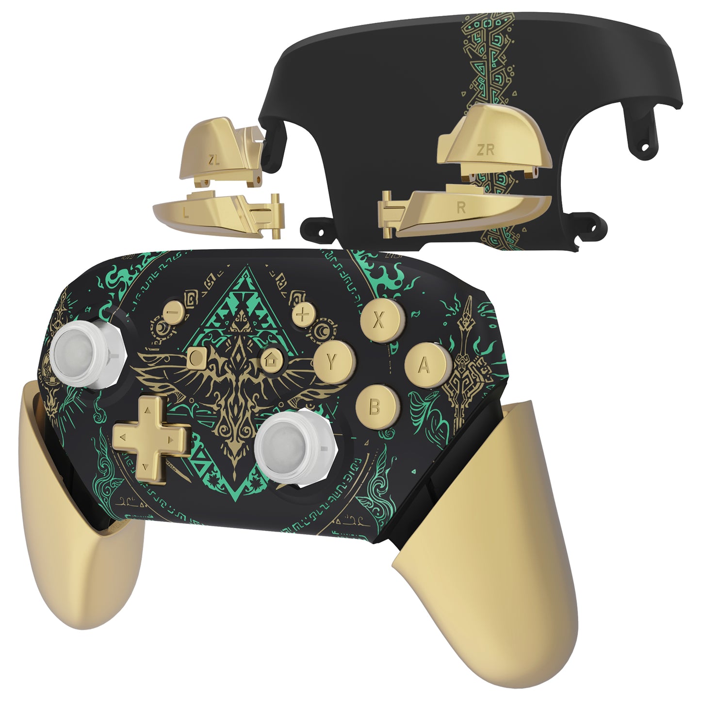 eXtremeRate Octagonal Gated Sticks Design Replacement Full Set Shell Faceplate Backplate Handles for Nintendo Switch Pro - Glow in Dark - Totem of Kingdom Black eXtremeRate