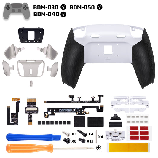 eXtremeRate Real Metal Buttons (RMB) Version RISE4 Plus MAX Back Paddles Kit with Clicky Trigger Stops & Rubberized Grip for PS5 Controller BDM-030/040/050 - White Black - Silver