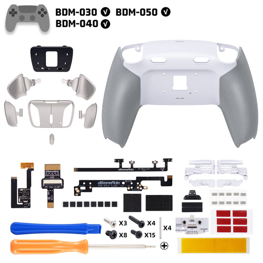 eXtremeRate Real Metal Buttons (RMB) Version RISE4 Plus MAX Back Paddles Kit with Clicky Trigger Stops & Rubberized Grip for PS5 Controller BDM-030/040/050 - White Gray - Silver