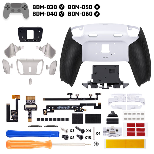 eXtremeRate Real Metal Buttons (RMB) Version RISE4 Plus MAX Back Paddles Kit with Clicky Trigger Stops & Rubberized Grip for PS5 Controller BDM-030/040/050/060 - White Black - Silver