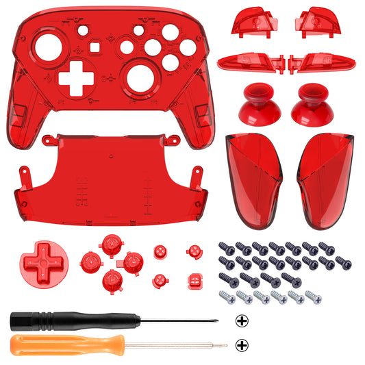 eXtremeRate Replacement Full Set Shell Faceplate Backplate Handles with Button Kit for Nintendo Switch Pro - Crystal Clear Red