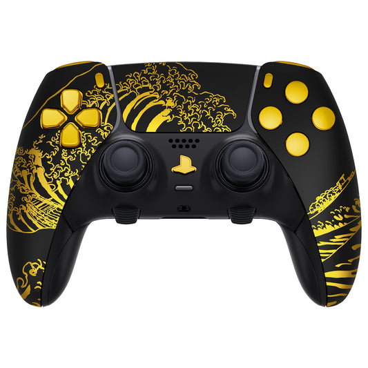eXtremeRate Replacement Full Set Shells with Buttons Compatible with PS5 Edge Controller - The Great GOLDEN Wave Off Kanagawa - Black