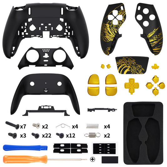 eXtremeRate Replacement Full Set Shells with Buttons Compatible with PS5 Edge Controller - The Great GOLDEN Wave Off Kanagawa - Black