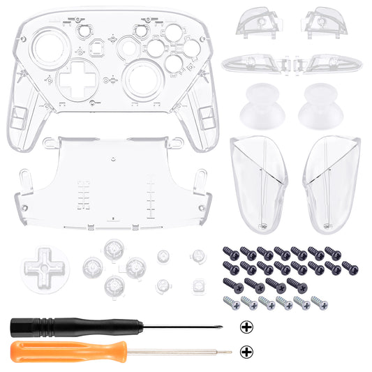 eXtremeRate Replacement Full Set Shell Faceplate Backplate Handles with Button Kit for Nintendo Switch Pro - Crystal Clear