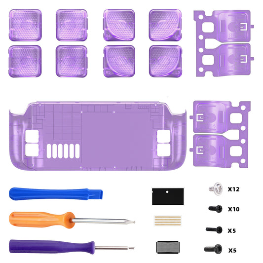 eXtremeRate Interchangeable Back Buttons Bottom Shell for Steam Deck LCD & OLED - with 2 Height Adjustable Buttons - Clear Atomic Purple