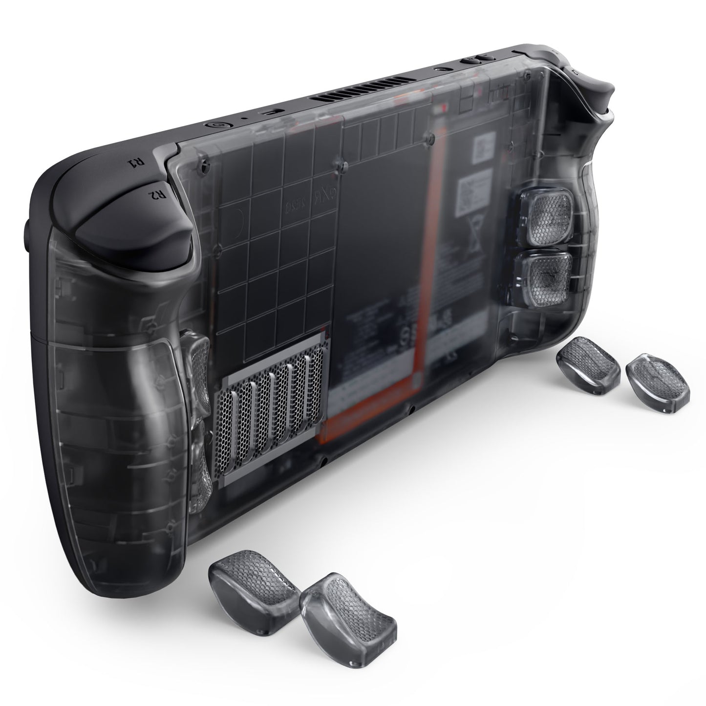 eXtremeRate Interchangeable Back Buttons Bottom Shell for Steam Deck LCD & OLED - with 2 Height Adjustable Buttons - Clear Slate Black