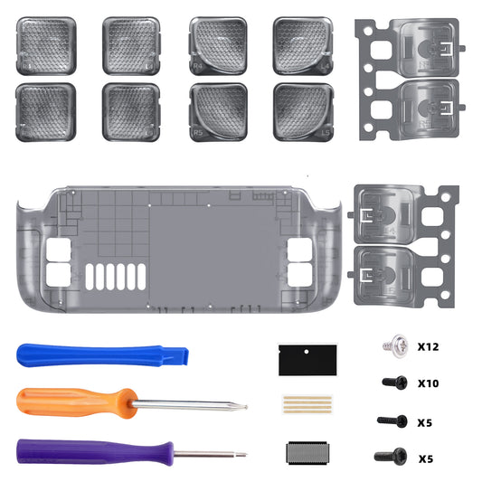 eXtremeRate Interchangeable Back Buttons Bottom Shell for Steam Deck LCD & OLED - with 2 Height Adjustable Buttons - Clear Slate Black