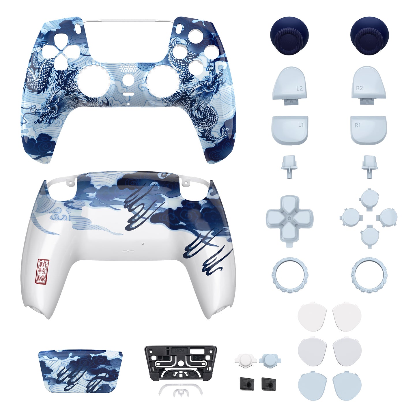 eXtremeRate LUNA Redesigned Replacement Full Set Shells with Buttons Compatible with PS5 Controller BDM-030/040/050 - Porcelain Dragon