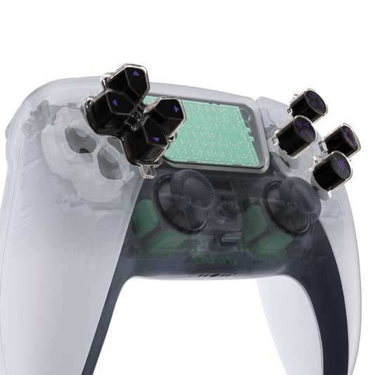 eXtremeRate Retail Replacement Custom Dpad Action Buttons Three-Tone Black & Clear With Black Purple Redesigned Symbols D-pad Face Buttons For ps5 Controller - JPFF006