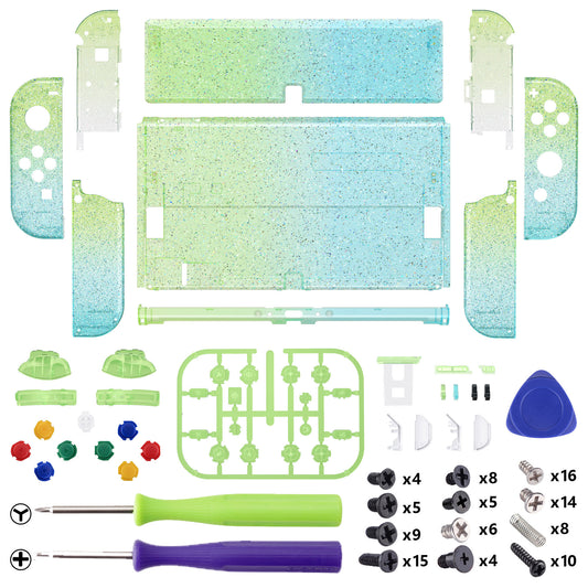 eXtremeRate Custom Replacement Full Set Shell with Buttons for Nintendo Switch OLED - Glitter Gradient Translucent Green Blue