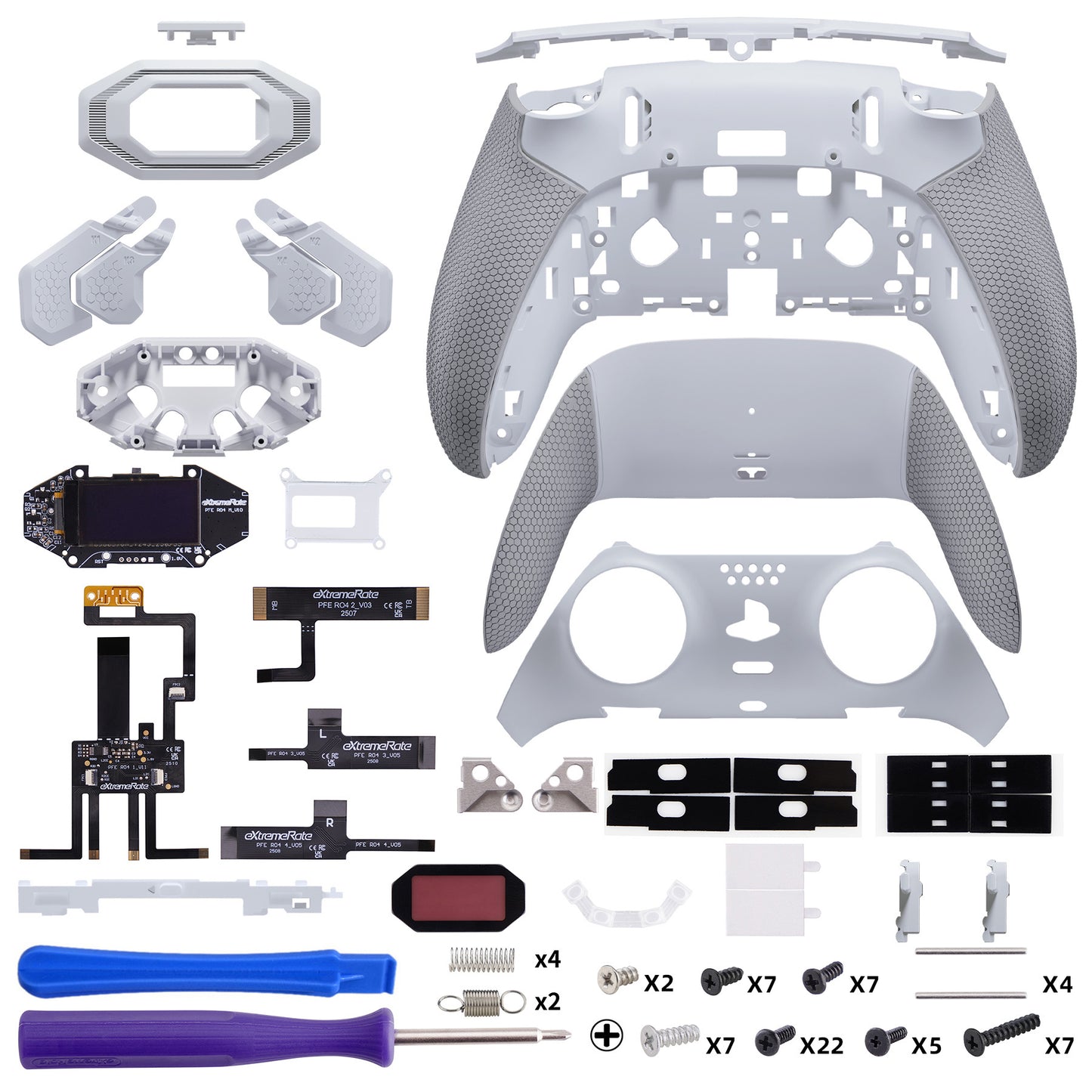 eXtremeRate BEYOND Back Paddles Kit with OLED Display & Redesigned Ergonomic Grips for PS5 Edge Controller - Rubberized White & Gray