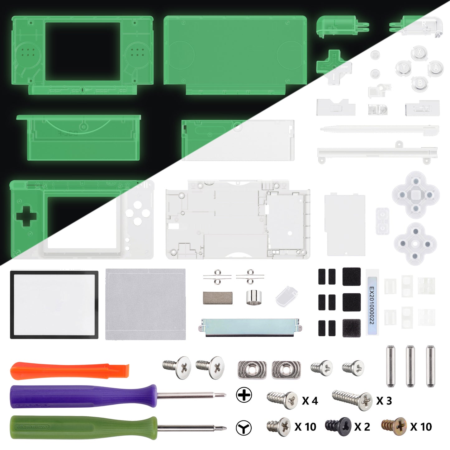 eXtremeRate Replacement Full Housing Shell & Buttons with Screen Lens for Nintendo DS Lite NDSL - Glow in Dark - Green