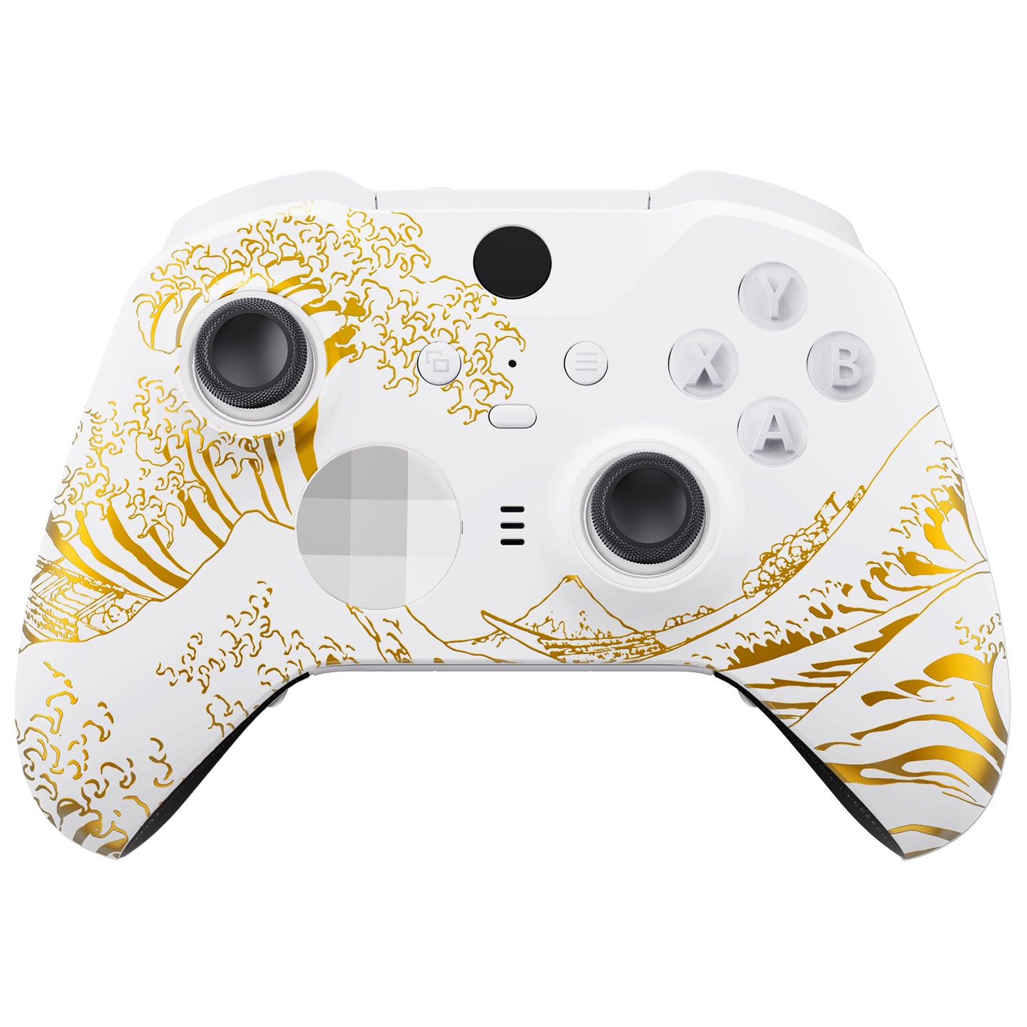 eXtremeRate Replacement Front Housing Shell Case with Accent Rings for Xbox One Elite Series 2 & Elite 2 Core Controller (Model 1797) - The Great GOLDEN Wave Off Kanagawa - White
