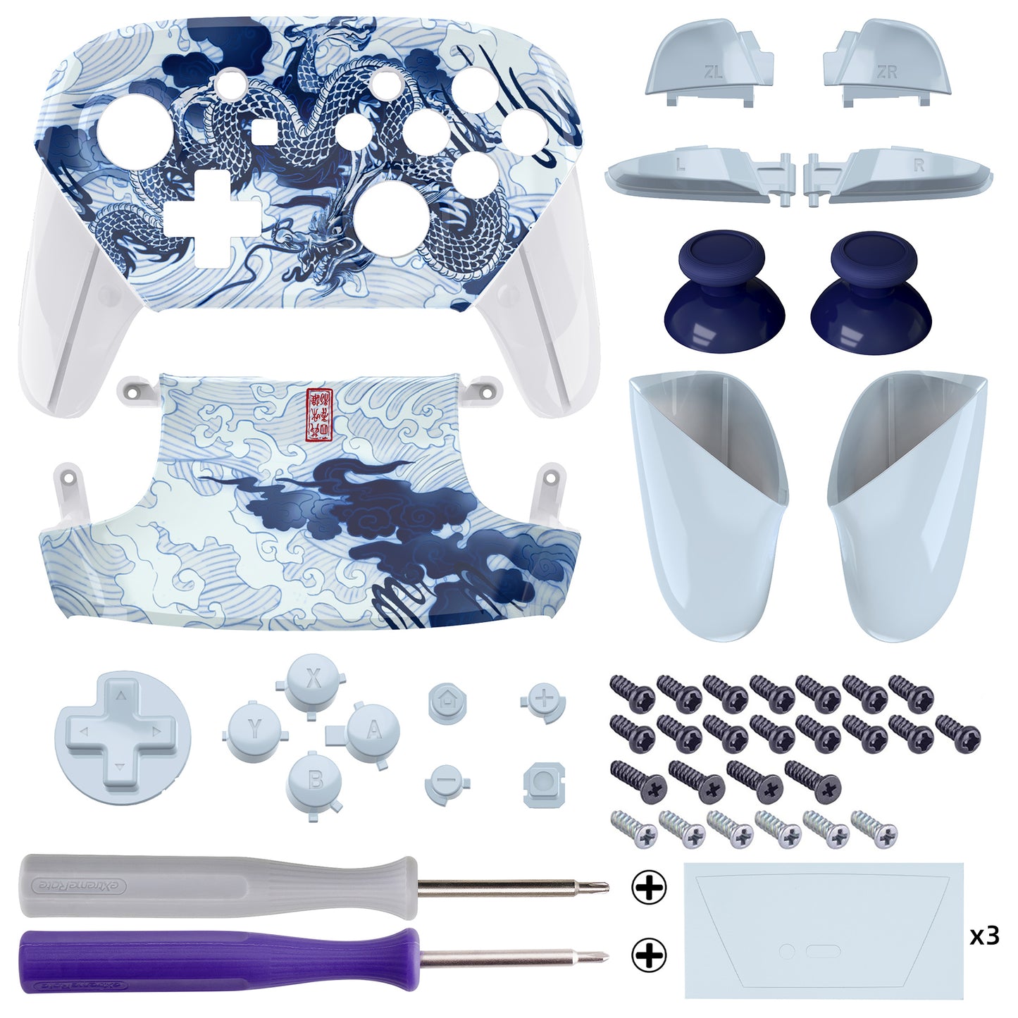 eXtremeRate Replacement Full Set Shell Faceplate Backplate Handles with Button Kit for Nintendo Switch Pro - Porcelain Dragon