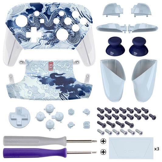 eXtremeRate Replacement Full Set Shell Faceplate Backplate Handles with Button Kit for Nintendo Switch Pro - Porcelain Dragon