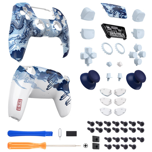 eXtremeRate LUNA Redesigned Replacement Full Set Shells with Buttons Compatible with PS5 Controller BDM-030/040/050 - Porcelain Dragon