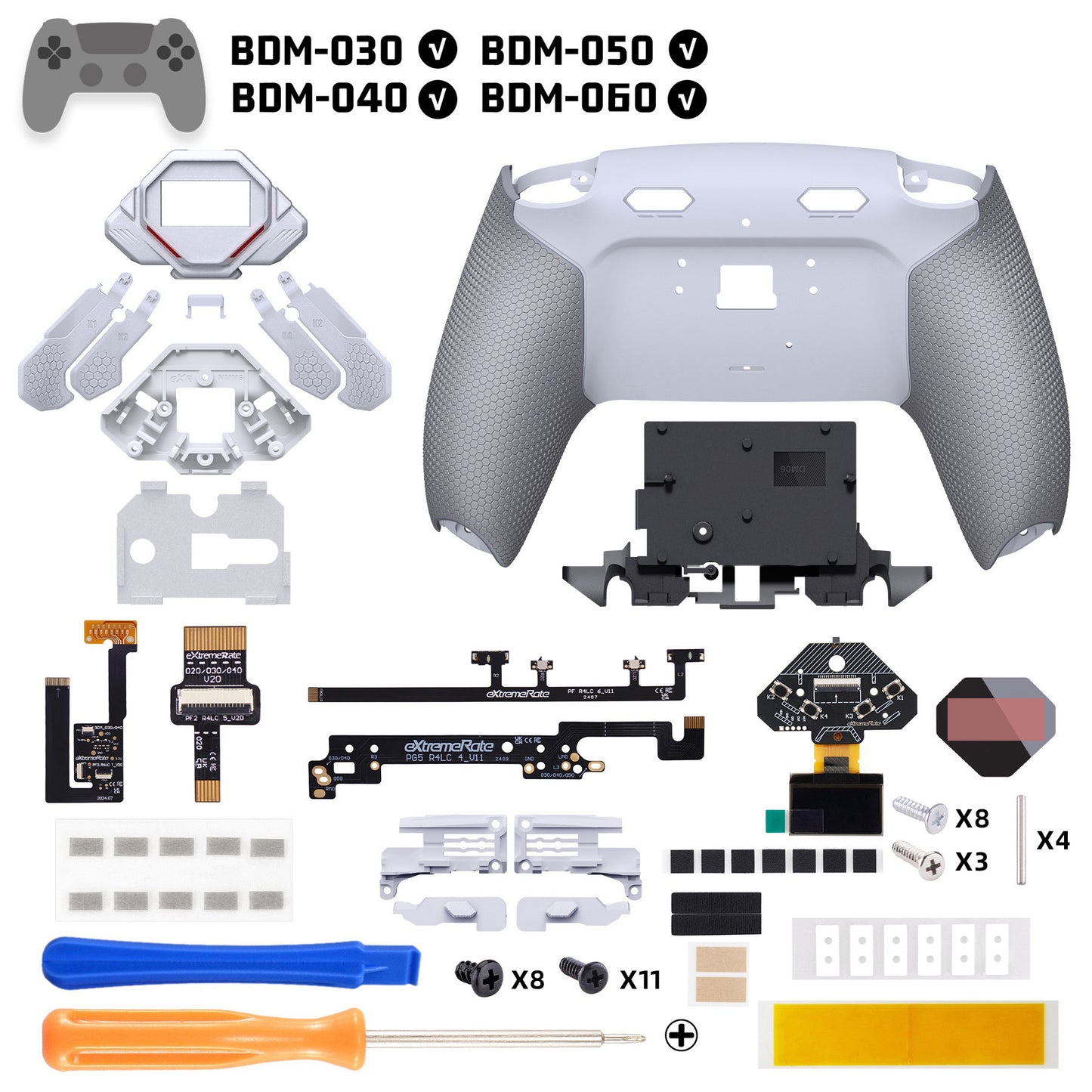 eXtremeRate SPARK Back Paddles Kit with OLED Display & Clicky Trigger Stops & Ergonomic Grips for PS5 Controller BDM-030/040/050/060 - Rubberized White & Gray