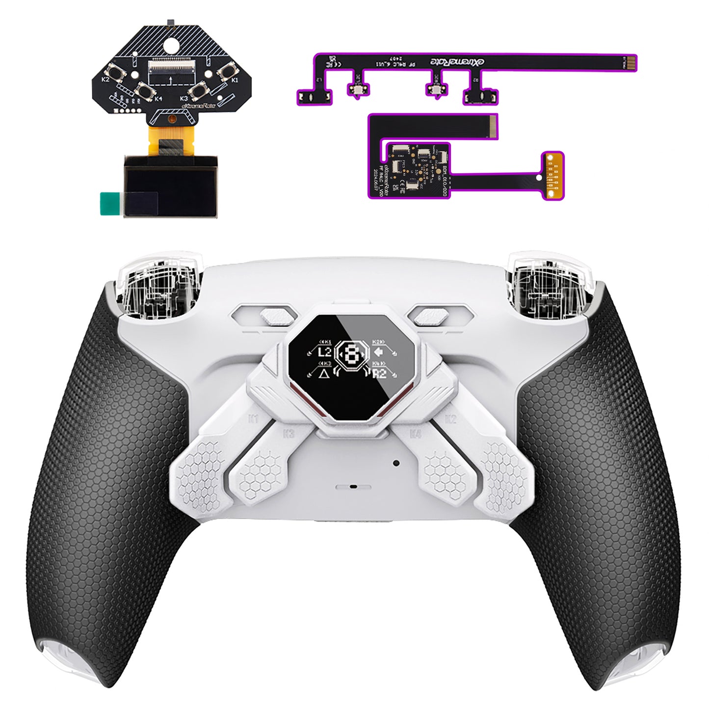 eXtremeRate SPARK Back Paddles Kit with OLED Display & Clicky Trigger Stops & Ergonomic Grips for PS5 Controller BDM-010/020 - Rubberized White & Black