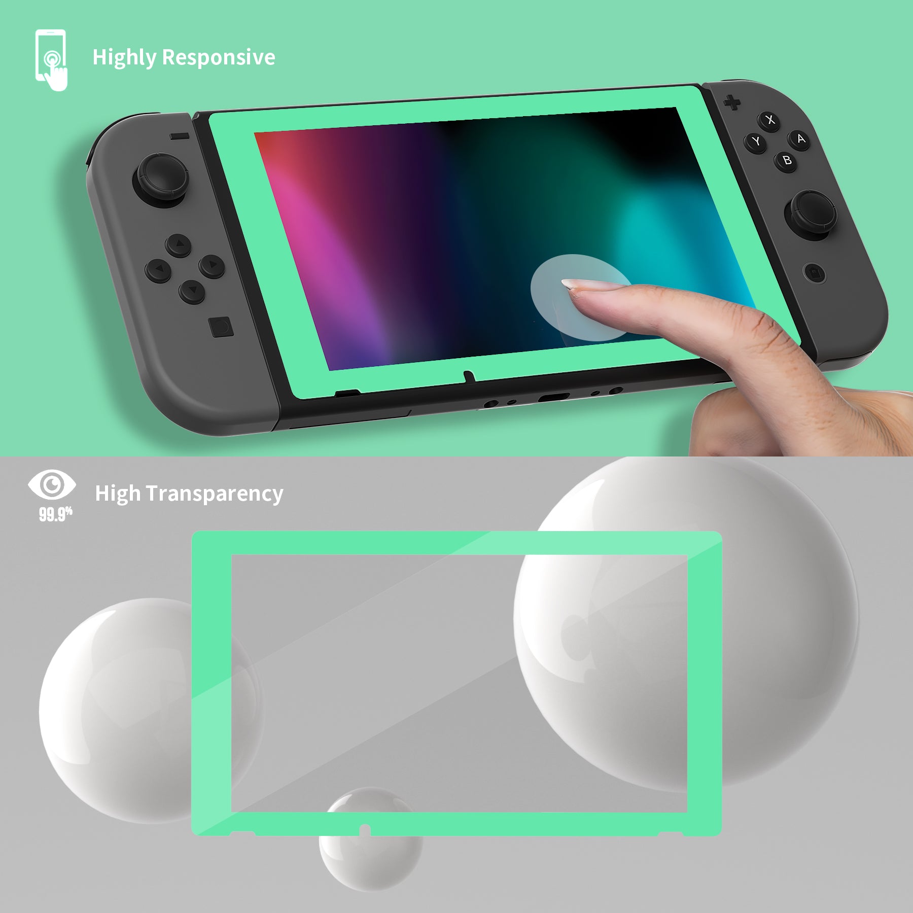 eXtremeRate Retail 2 Pack Mint Green Border Transparent HD Clear Saver Protector Film, Tempered Glass Screen Protector for Nintendo Switch [Anti-Scratch, Anti-Fingerprint, Shatterproof, Bubble-Free] - NSPJ0706
