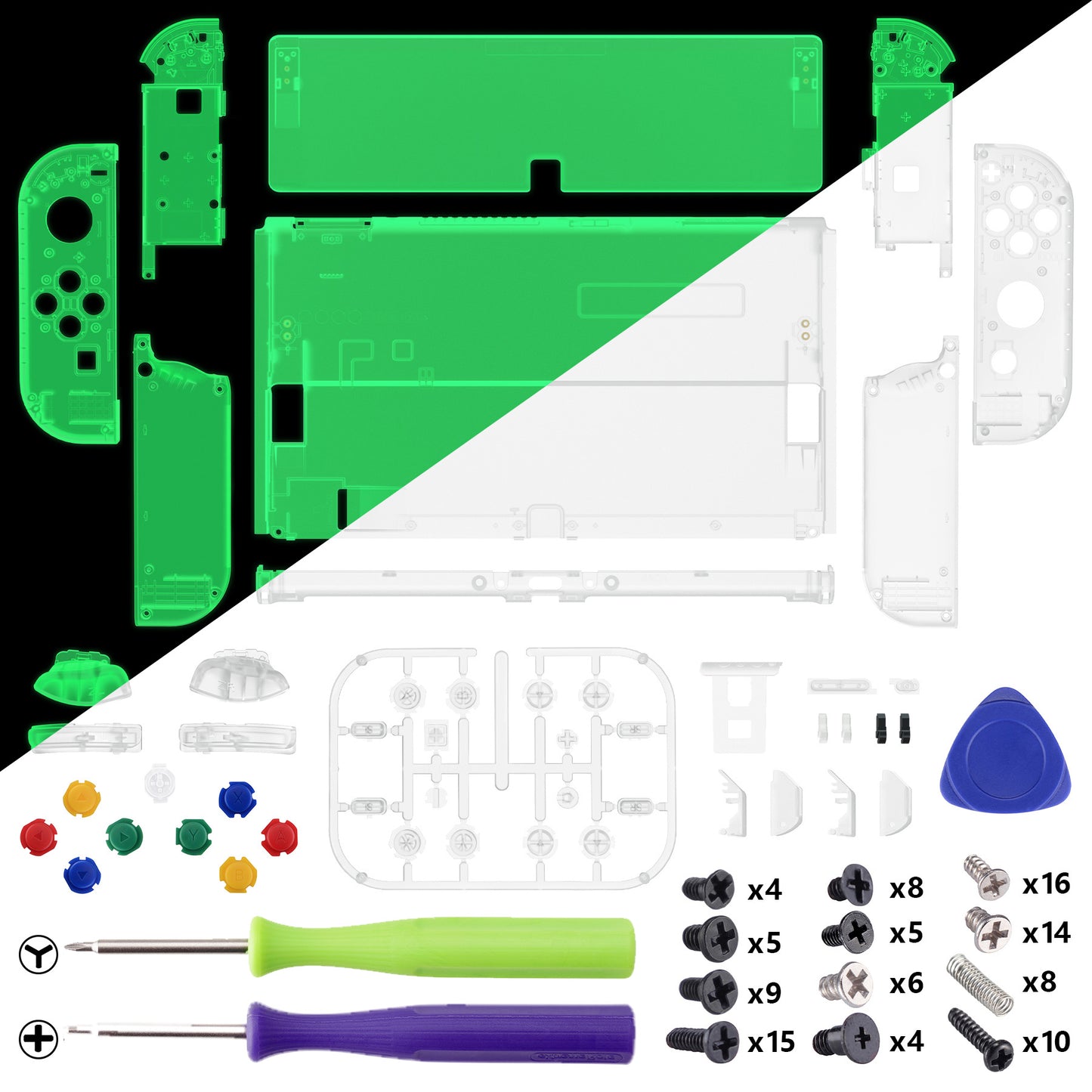 eXtremeRate Custom Replacement Full Set Shell with Buttons for Nintendo Switch OLED - Glow in Dark - Green