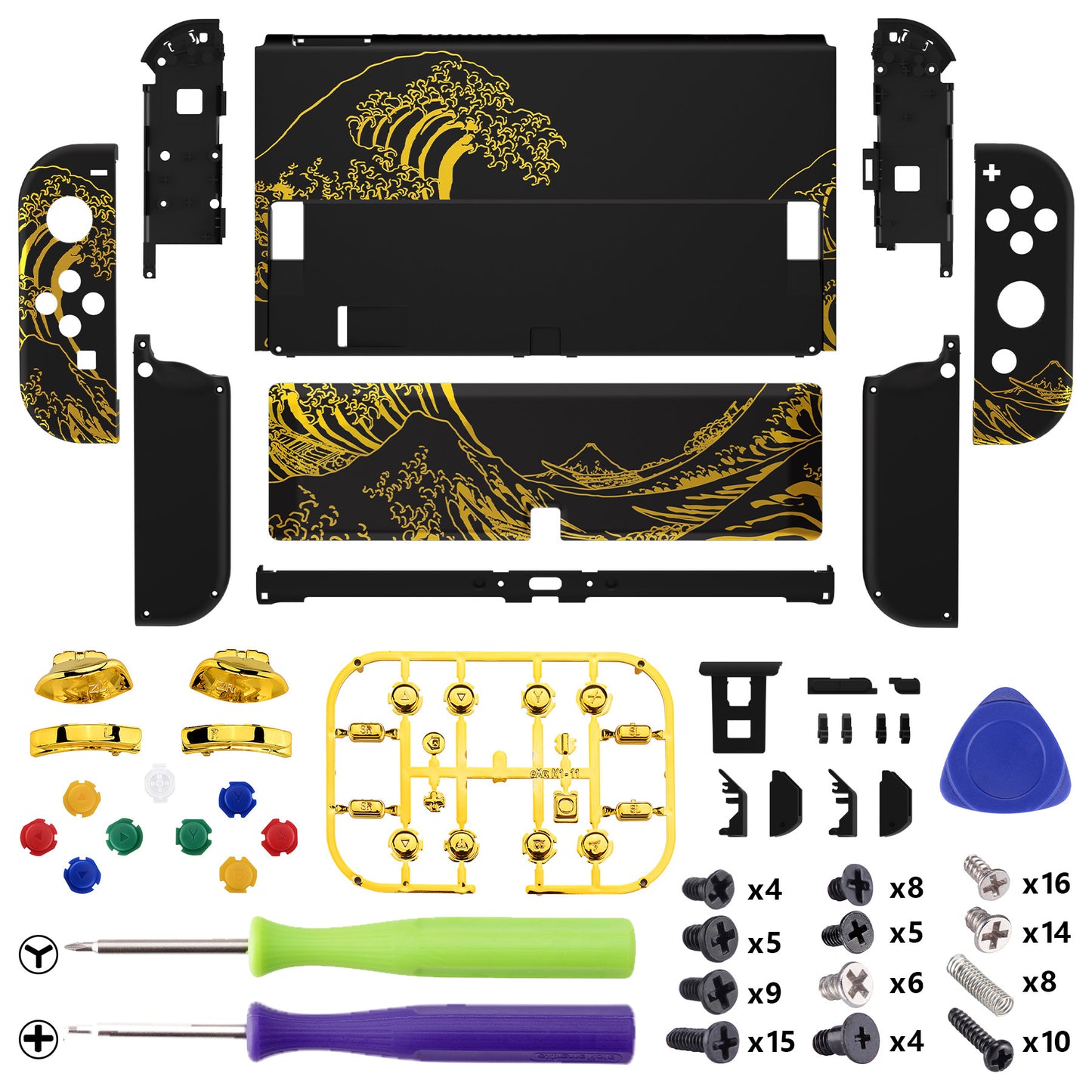 eXtremeRate Custom Replacement Full Set Shell with Buttons for Nintendo Switch OLED - The Great GOLDEN Wave Off Kanagawa - Black