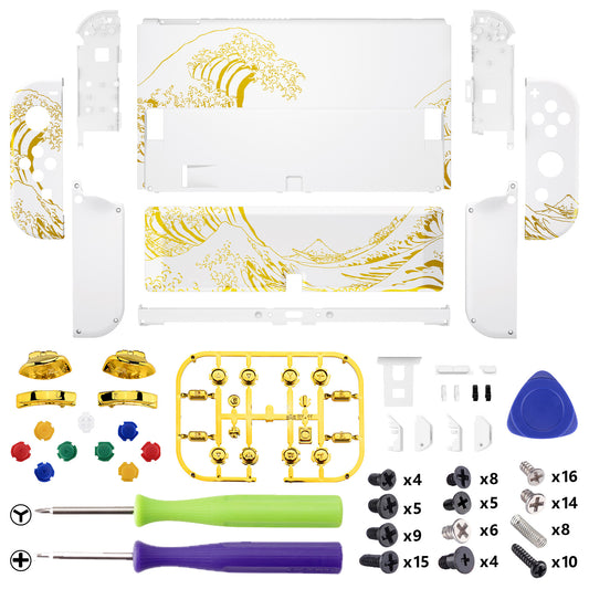 eXtremeRate Custom Replacement Full Set Shell with Buttons for Nintendo Switch OLED - The Great GOLDEN Wave Off Kanagawa - White