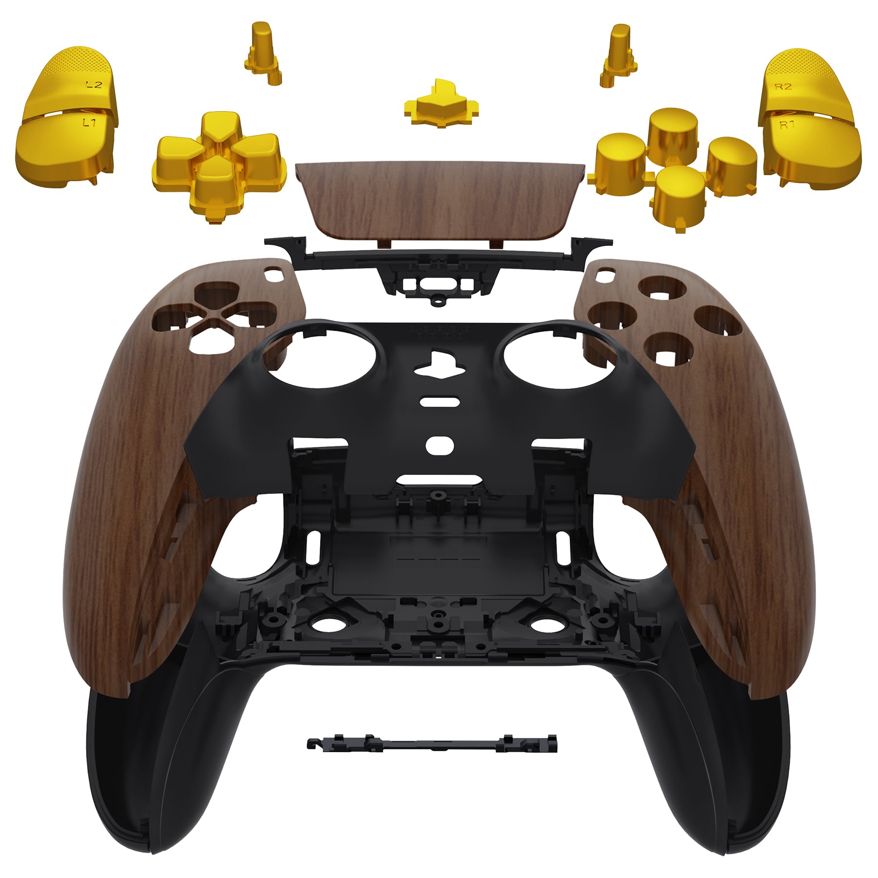 eXtremeRate Wood Grain & Black Full Set Housing Shell with Buttons