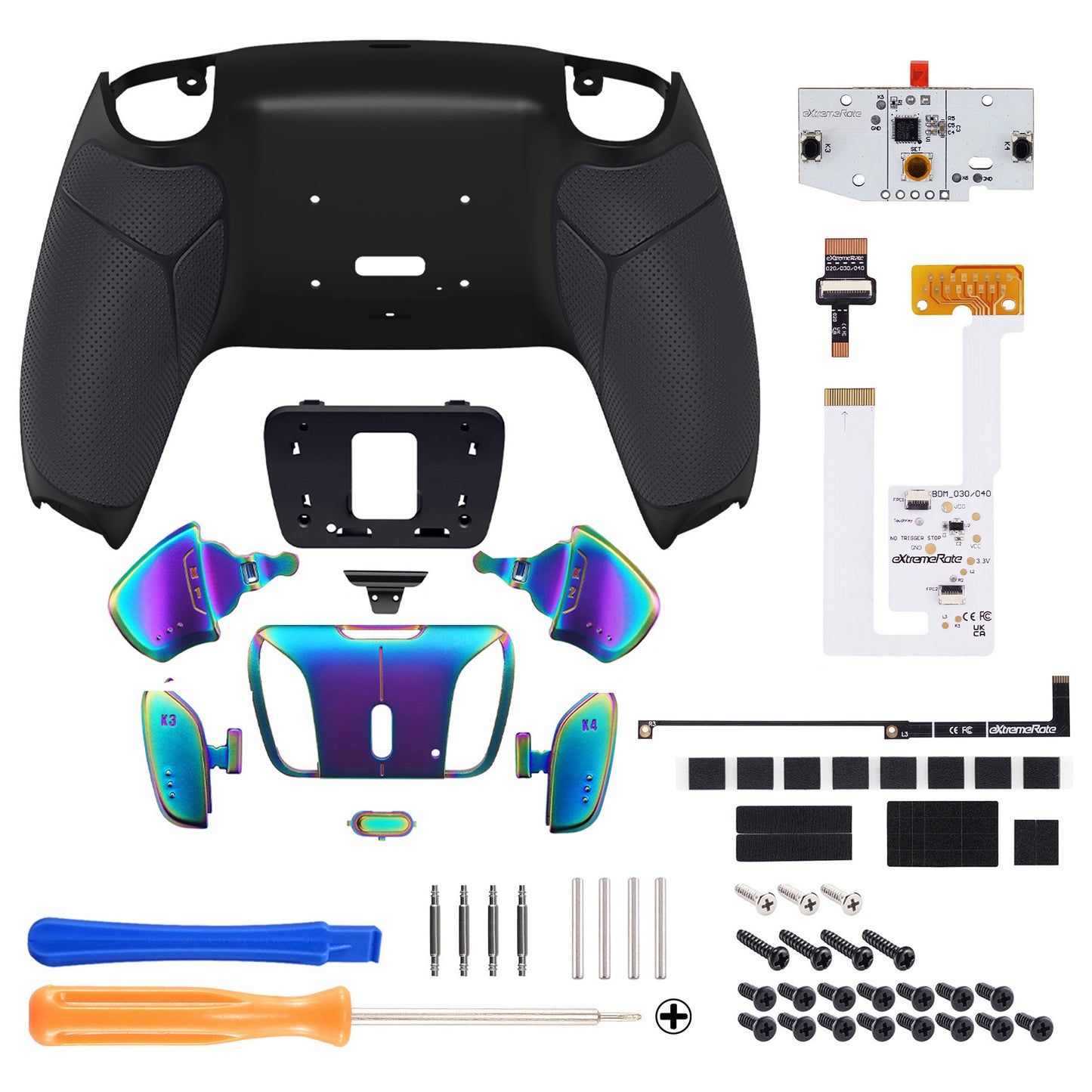 eXtremeRate Rainbow Aura Blue & Purple Real Metal Buttons (RMB) Version RISE4 V3 Remap Kit for PS5 Controller BDM-030/040/050 - Rubberized Black