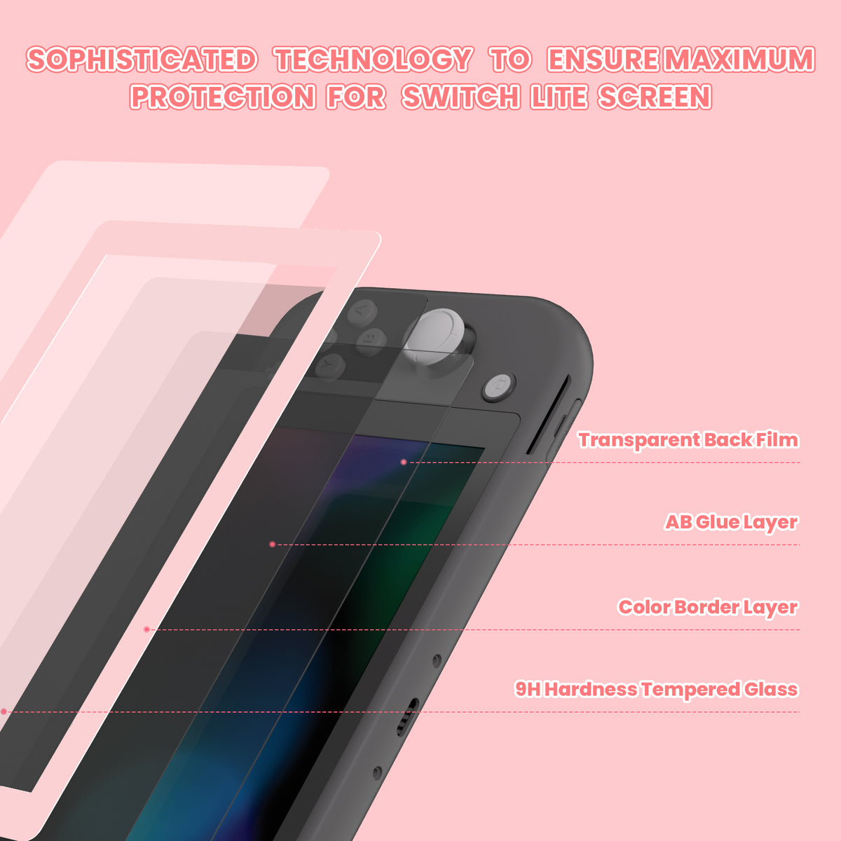 eXtremeRate 2 Pack Anti-Scratch Transparent HD Tempered Glass Screen Protector for Nintendo Switch Lite - Peach Blossoms Pink Border
