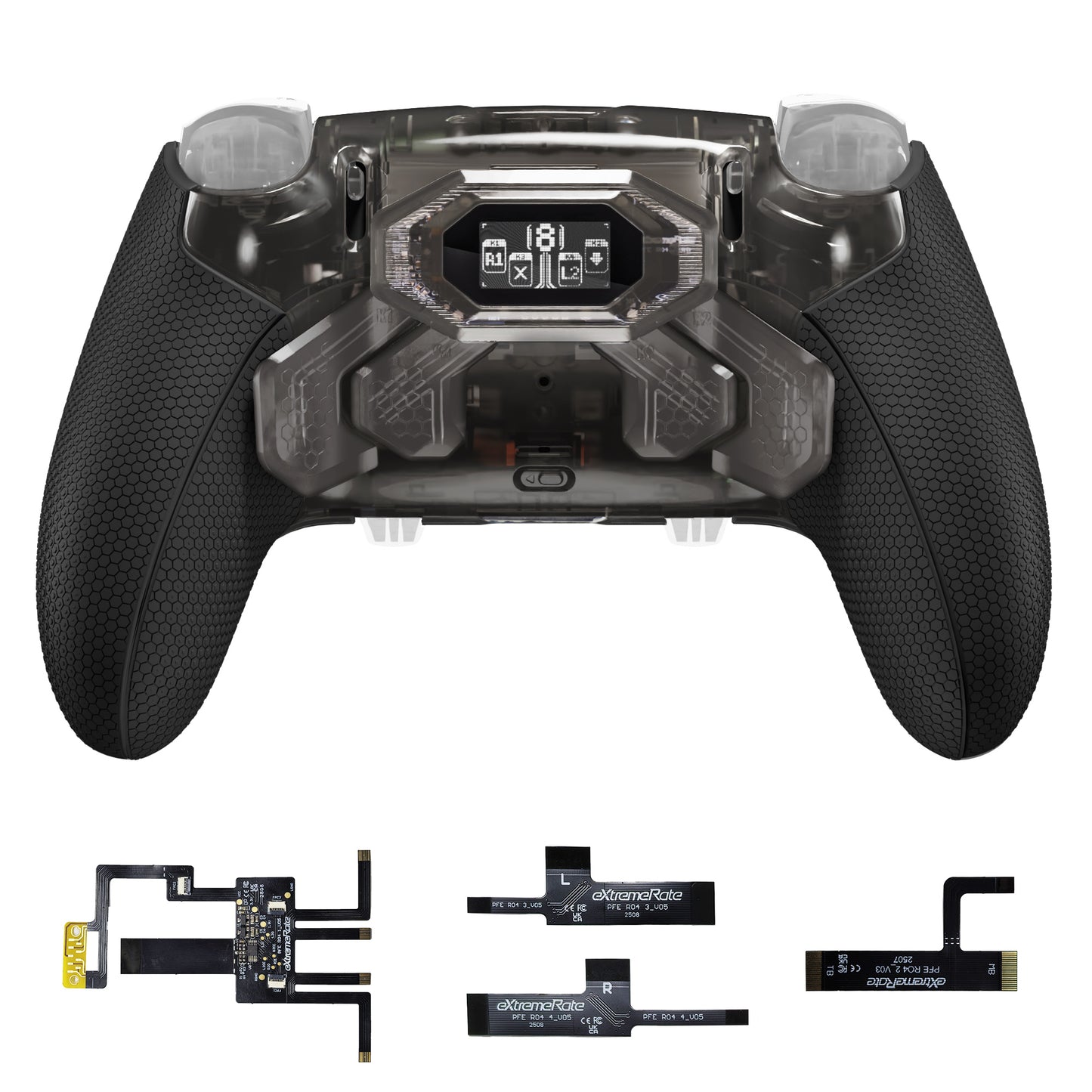 eXtremeRate BEYOND Back Paddles Kit with OLED Display & Redesigned Ergonomic Grips for PS5 Edge Controller - Rubberized Clear & Black (In-stock Item Ready to Ship)