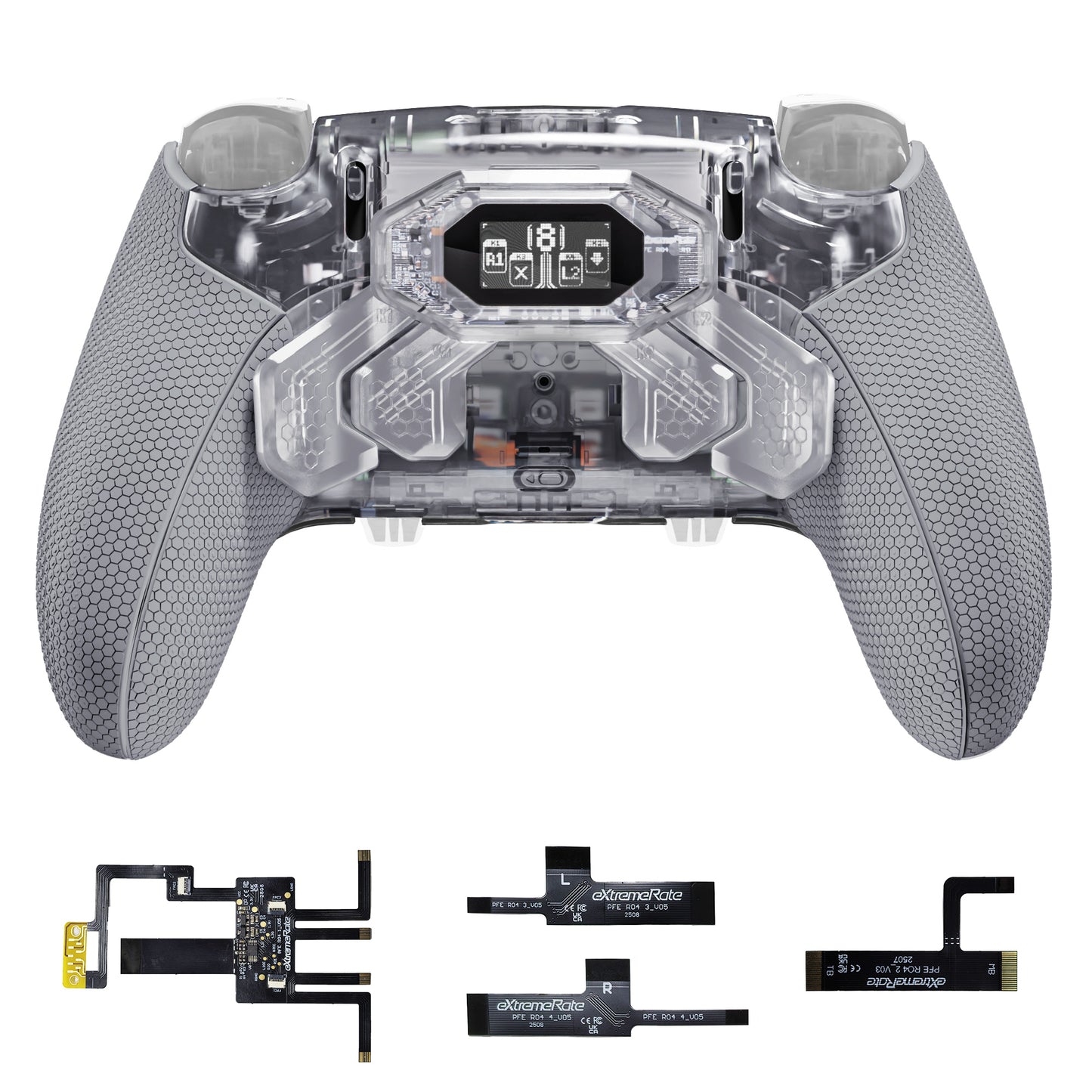 eXtremeRate BEYOND Back Paddles Kit with OLED Display & Redesigned Ergonomic Grips for PS5 Edge Controller - Rubberized Clear & Gray (In-stock Item Ready to Ship)
