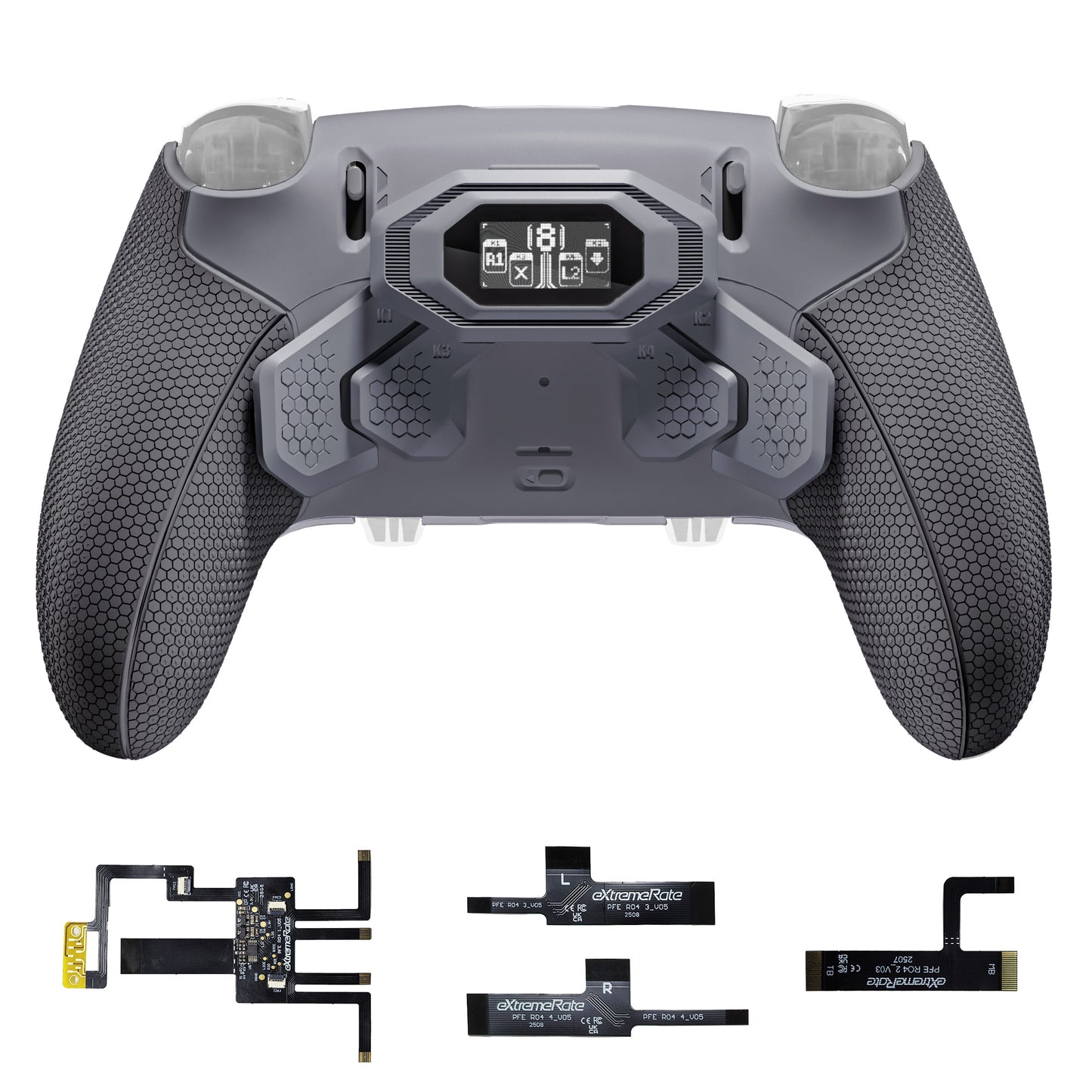 eXtremeRate BEYOND Back Paddles Kit with OLED Display & Redesigned Ergonomic Grips for PS5 Edge Controller - Rubberized New Hope Gray & Classic Gray (In-stock Item Ready to Ship)