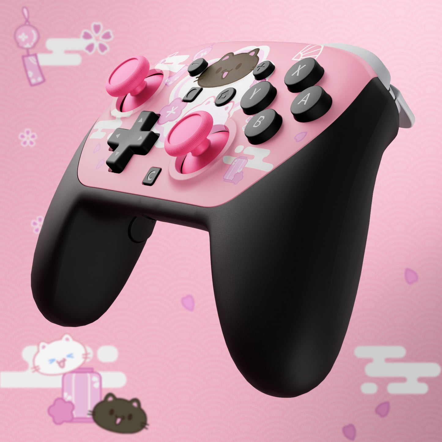 eXtremeRate DIY Replacement Faceplate Shell with Thumbsticks for Nintendo Switch 2 Pro Controller - Cherry Blossoms Kitten