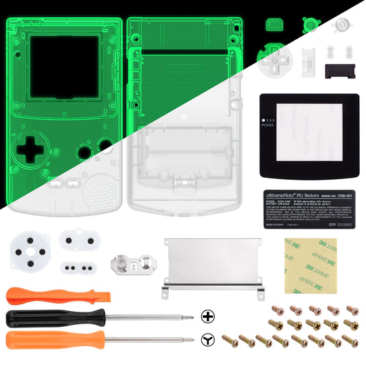 eXtremeRate IPS Ready Upgraded GBC Replacement Full Set Shells with Buttons & Black Screen Lens for Gameboy Color, Compatible with GBC OSD IPS & Regular IPS & Standard LCD - Glow in Dark - Green
