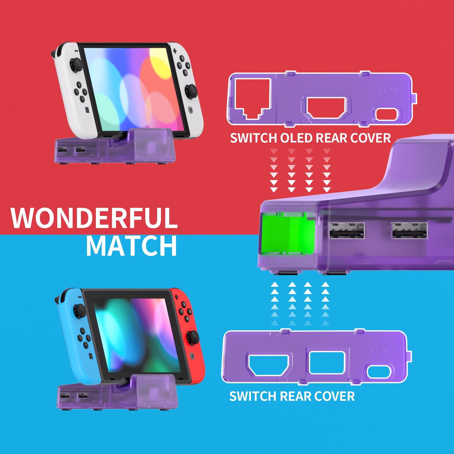 eXtremeRate LED Version AiryDocky DIY Kit Replacement Shell Case with IR Remote Control for Nintendo Switch & Switch OLED Dock - Clear Atomic Purple eXtremeRate