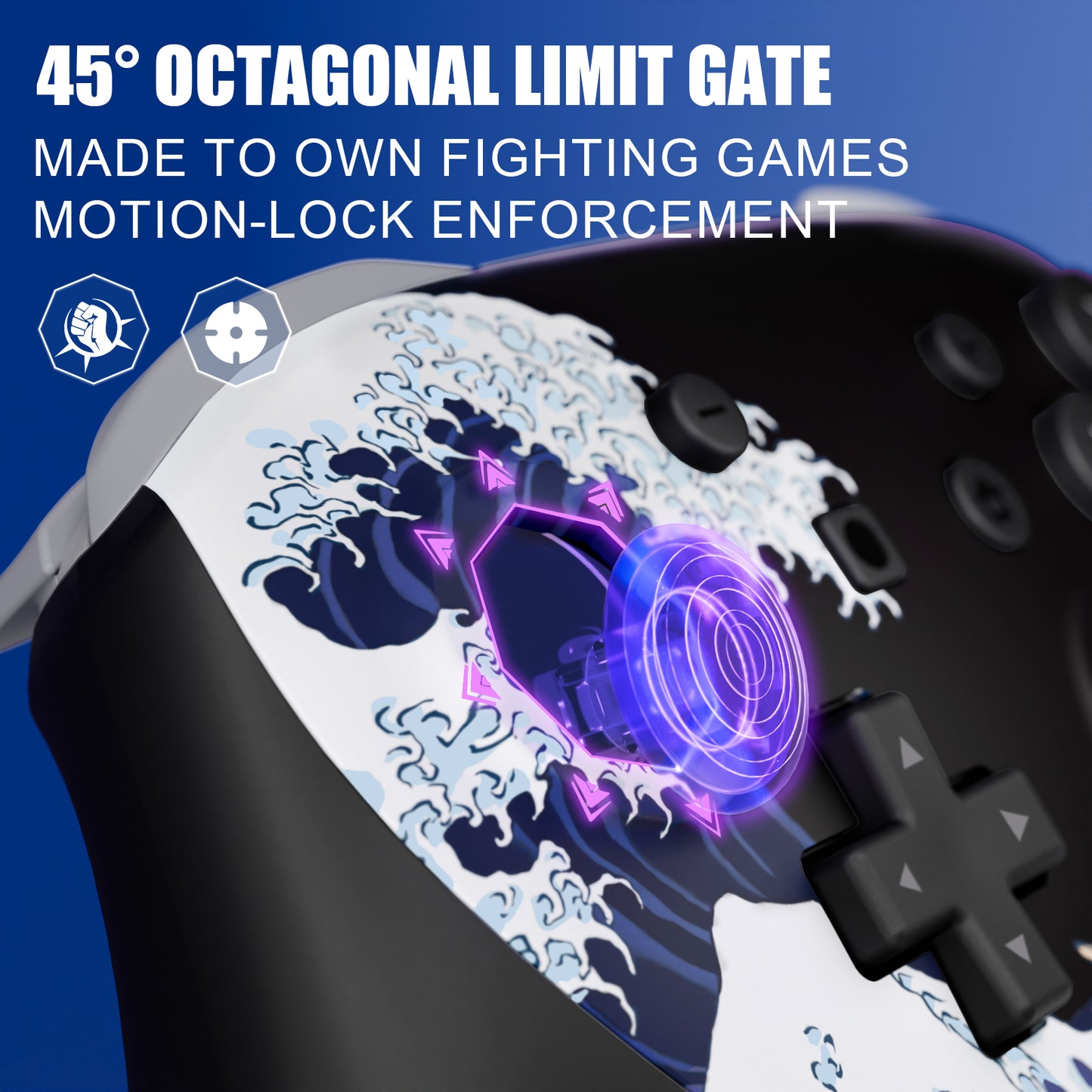 eXtremeRate Octagonal Gated Sticks Design Faceplate Shell with ThumbsGear Thumbsticks for Nintendo Switch 2 Pro Controller - The Great Wave Off Kanagawa