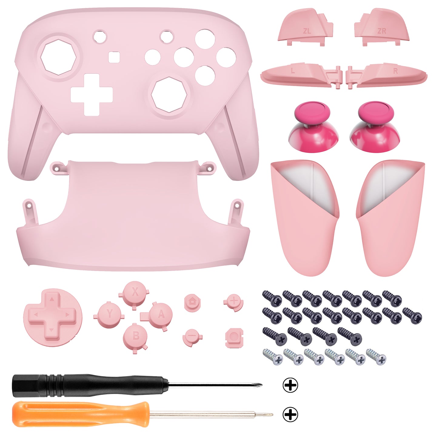 eXtremeRate Octagonal Gated Sticks Design Replacement Full Set Shell Faceplate Backplate Handles for Nintendo Switch Pro - Cherry Blossoms Pink & Puffy Pink