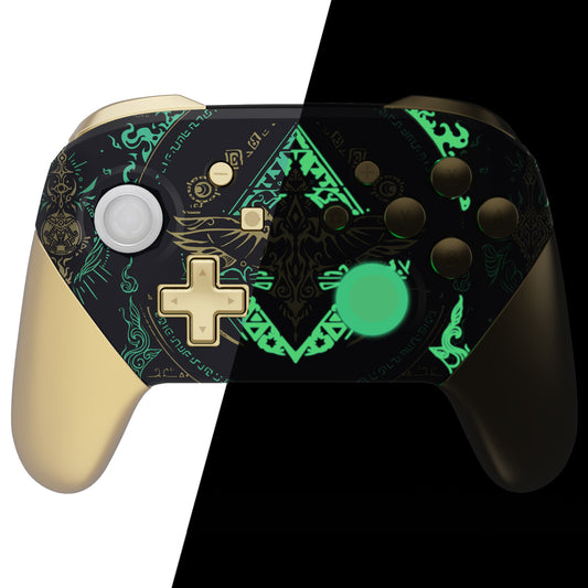eXtremeRate Octagonal Gated Sticks Design Replacement Full Set Shell Faceplate Backplate Handles for Nintendo Switch Pro - Glow in Dark - Totem of Kingdom Black eXtremeRate
