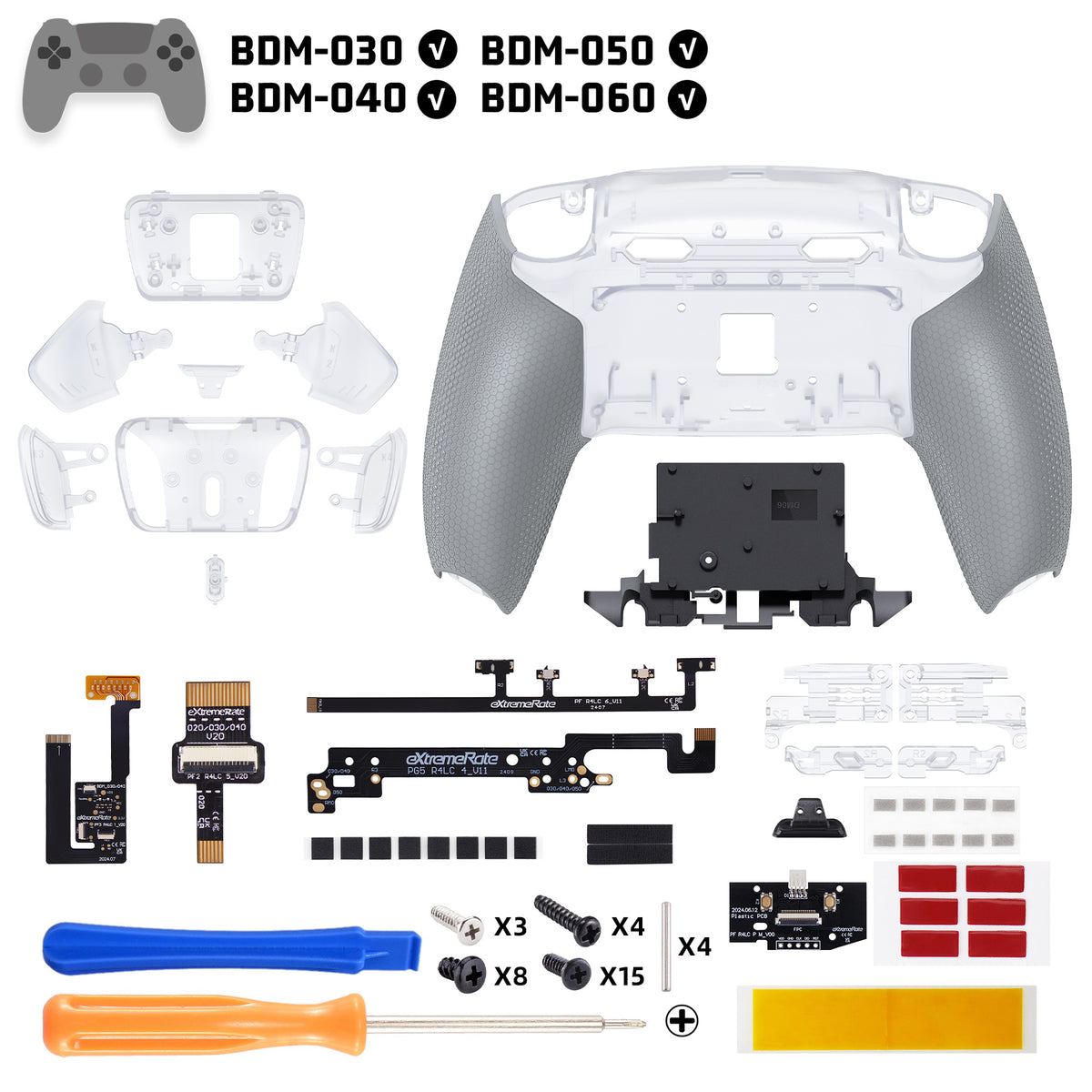 eXtremeRate RISE4 Plus MAX Back Paddles Kit with Clicky Trigger Stops & Rubberized Grip for PS5 Controller BDM-030/040/050/060 - Clear & Gray