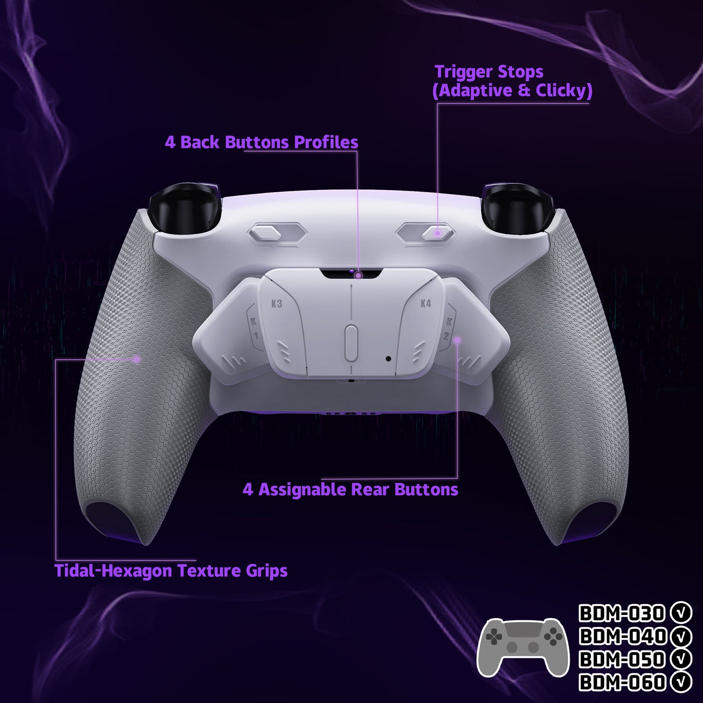 eXtremeRate RISE4 Plus MAX Back Paddles Kit with Clicky Trigger Stops & Rubberized Grip for PS5 Controller BDM-030/040/050/060 - White Gray