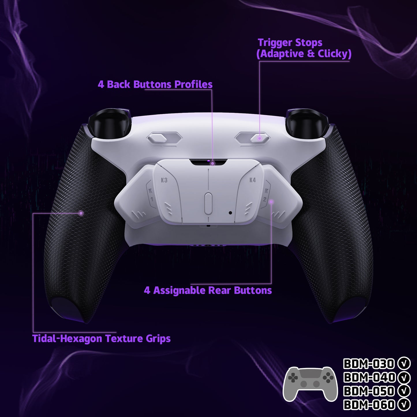 eXtremeRate RISE4 Plus MAX Back Paddles Kit with Clicky Trigger Stops & Rubberized Grip for PS5 Controller BDM-030/040/050/060 - White Black - White