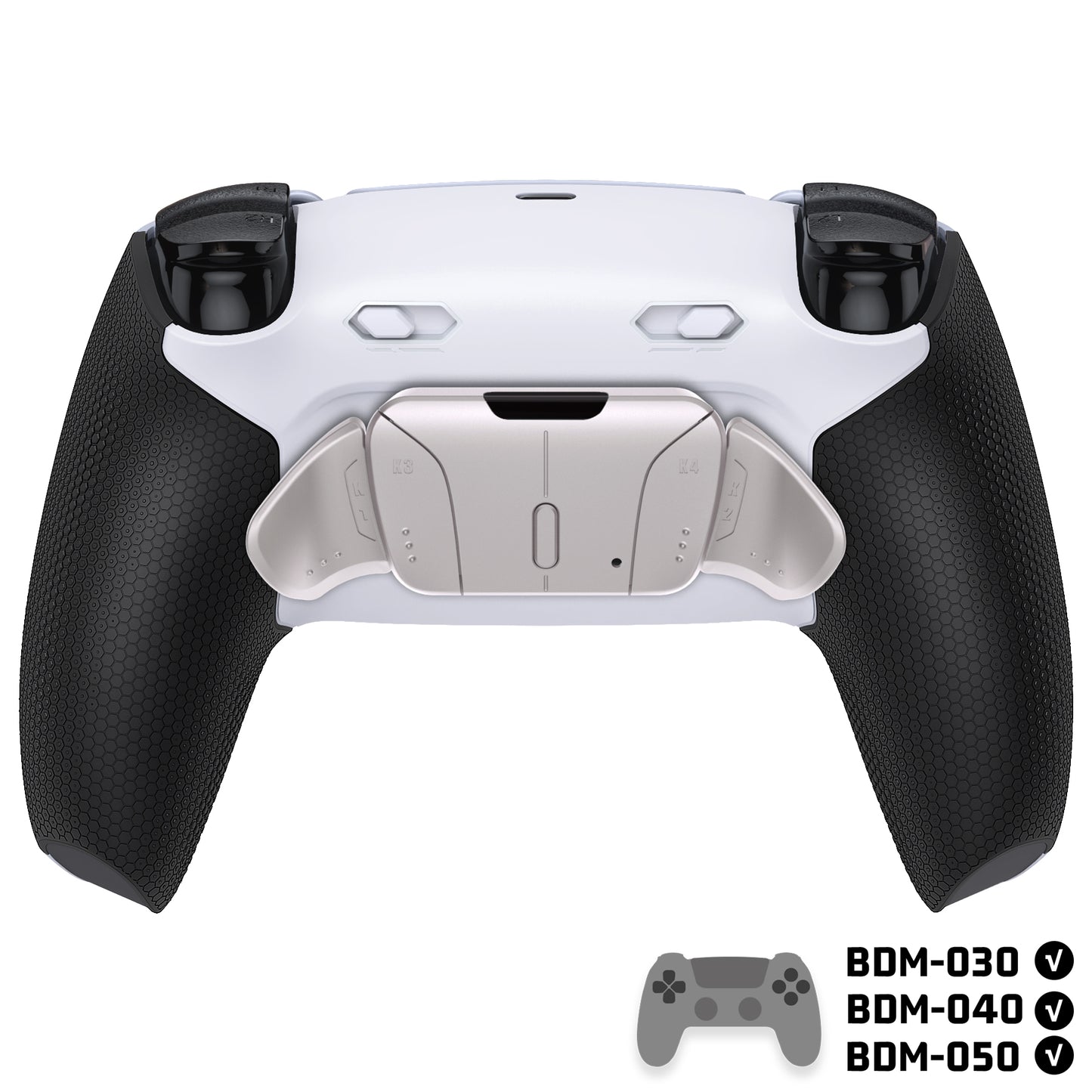 eXtremeRate Real Metal Buttons (RMB) Version RISE4 Plus MAX Back Paddles Kit with Clicky Trigger Stops & Rubberized Grip for PS5 Controller BDM-030/040/050 - White Black - Silver